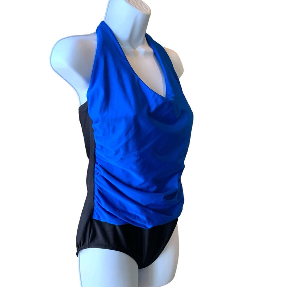 Longitude One Piece Swimsuit Blue Halter With Ruching Top Black Bottom Size 14